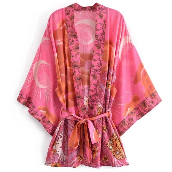 Tops - Fuchsia Pink Cosmic Galaxy Moon Boho Short Kimono Coverup Robe
